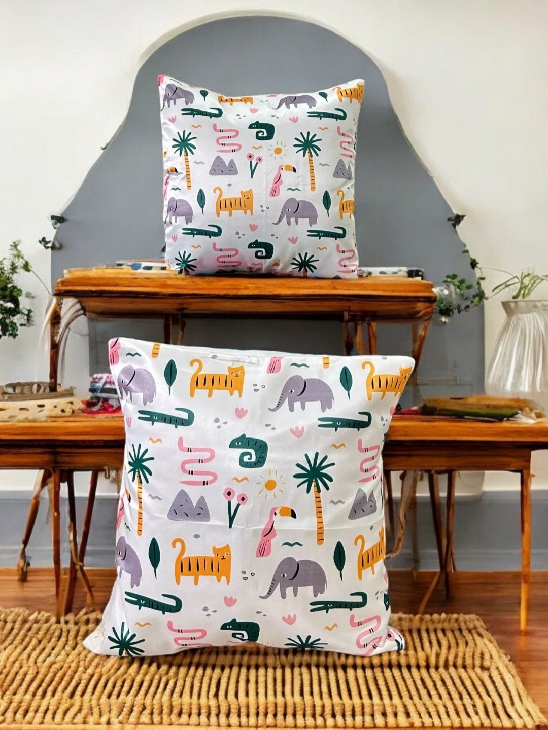 

PLAYFUL STITCHES White & Green 2 Pieces Animal Printed Satin Square Cushion Covers