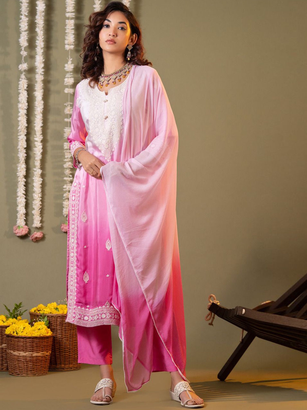 

HEEPOSH Floral Embroidered Cotton Silk Straight Kurta with Trousers & Dupatta, Pink