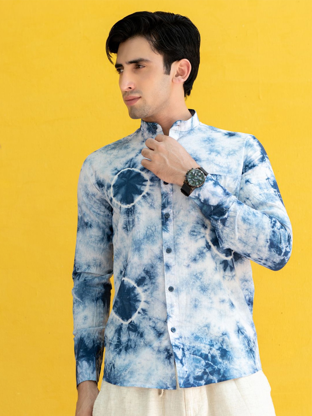 

Tistabene Men Standard Band Collar Dyed Cotton Casual Shirt, Blue
