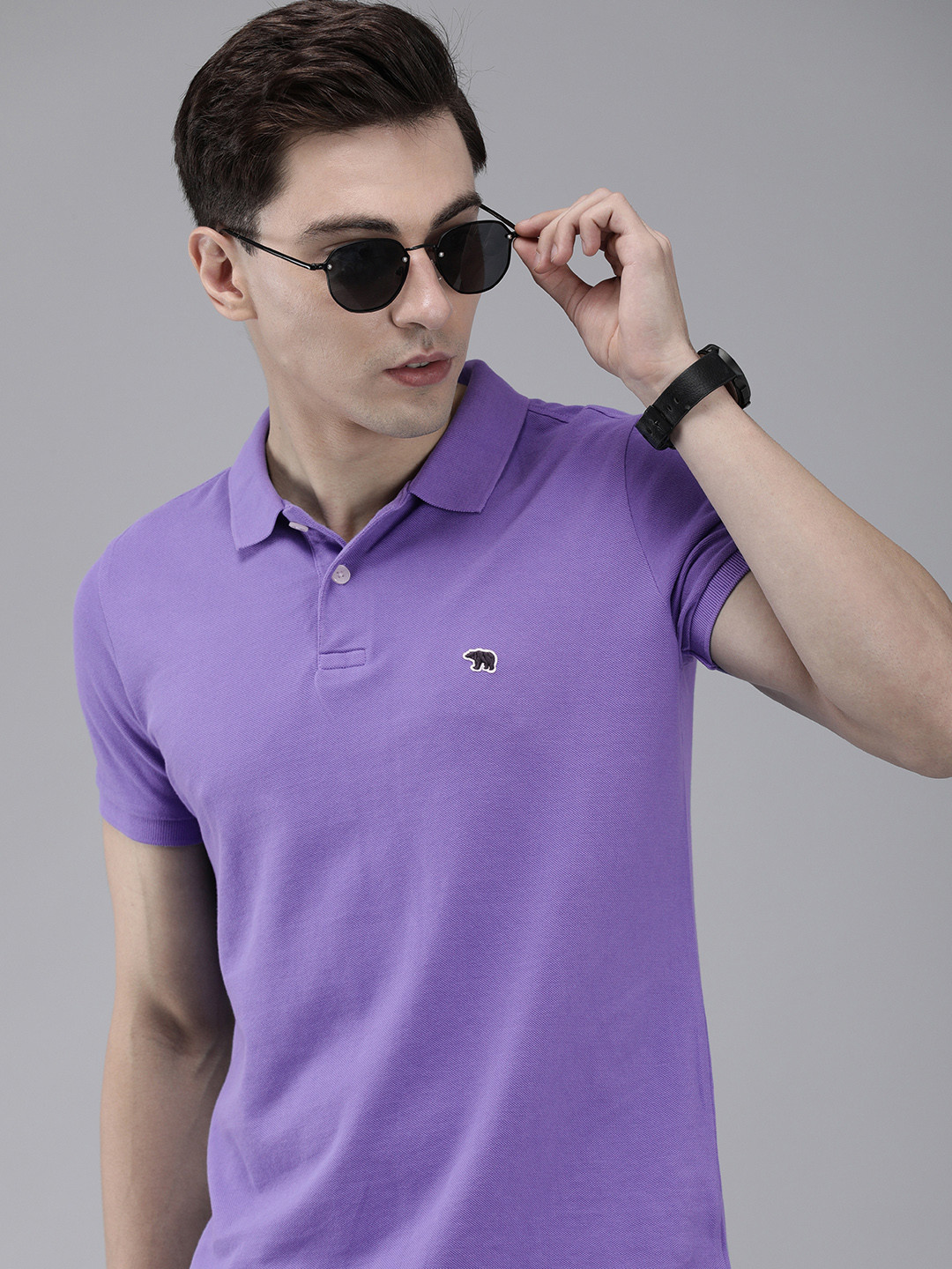 

THE BEAR HOUSE Men Purple Polo Collar Pure Cotton Slim Fit T-shirt