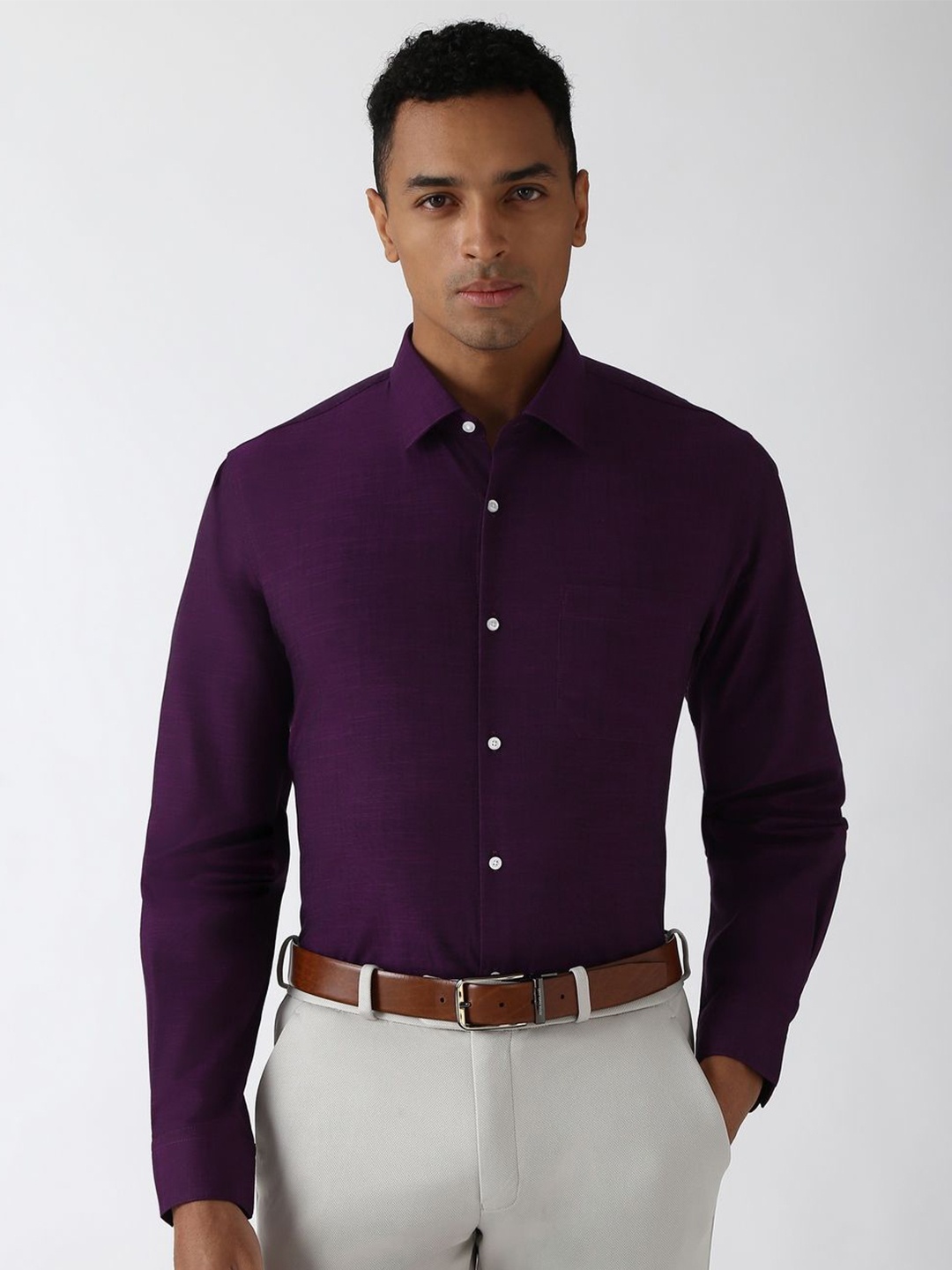 

Peter England Men Spread Collar Solid Cotton Slim Fit Formal Shirt, Purple