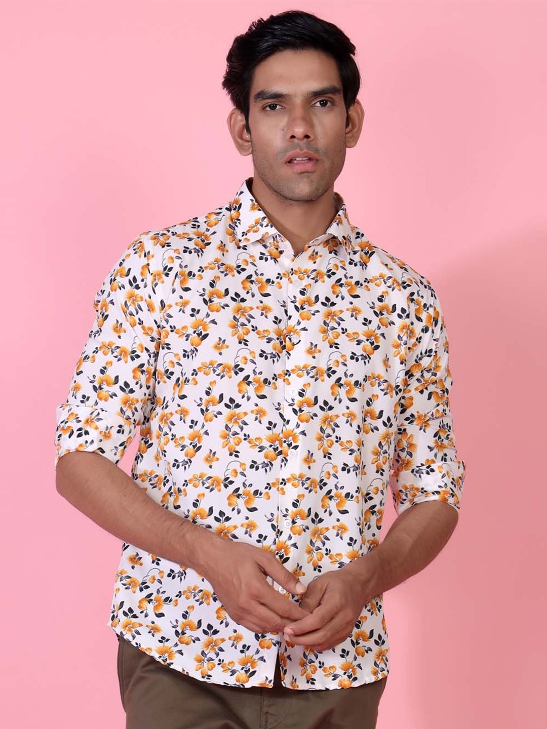

Tistabene Men Standard Spread Collar Floral Printed Crepe Casual Shirt, Orange