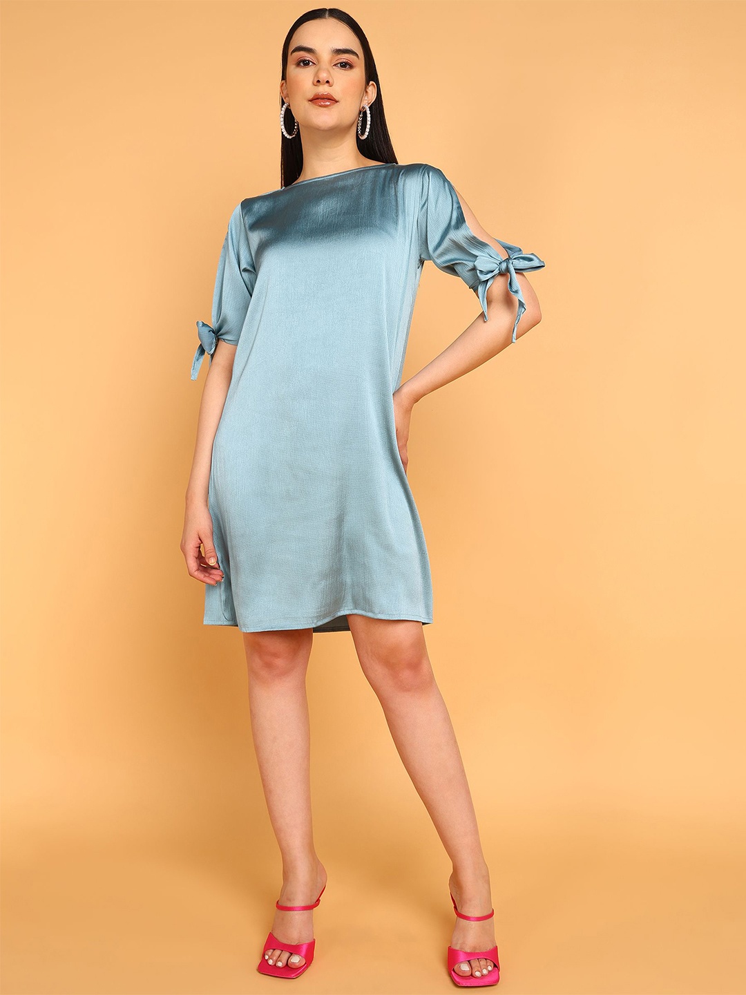 

Murcia Solid A-Line Self Design Dress, Blue