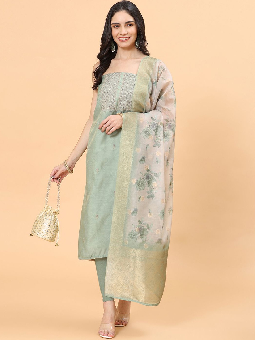 

Meena Bazaar Floral Embroidered Sequinned Unstitched Dress Material, Sea green