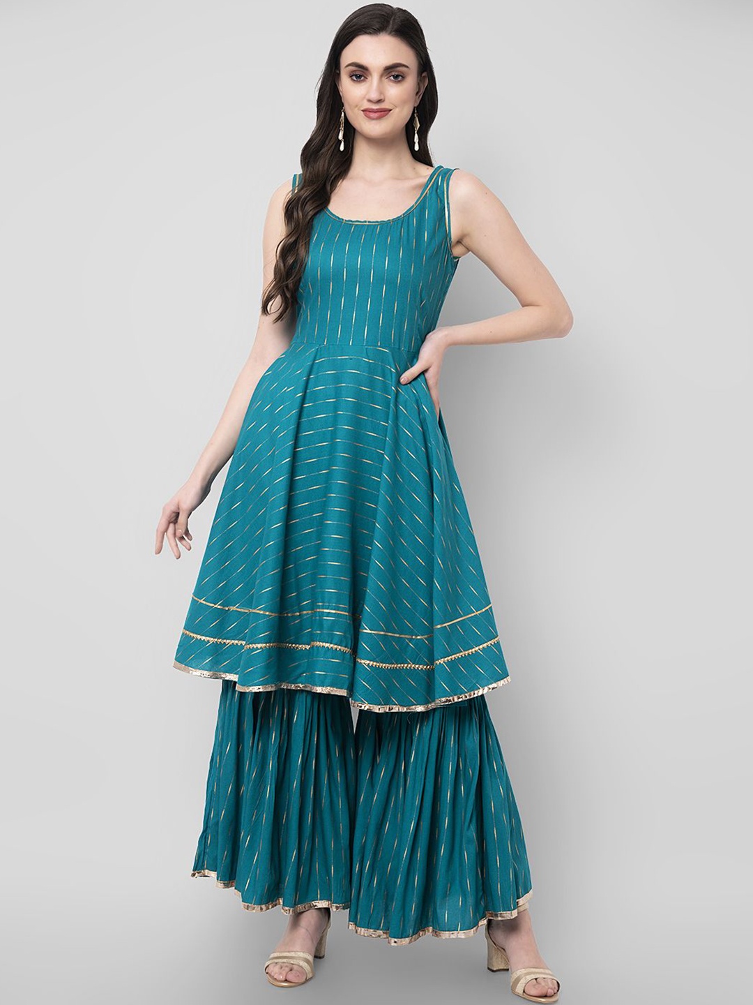 

NYPA Geometric Printed Round Neck Gotta Patti Anarkali Kurta With Sharara, Turquoise blue