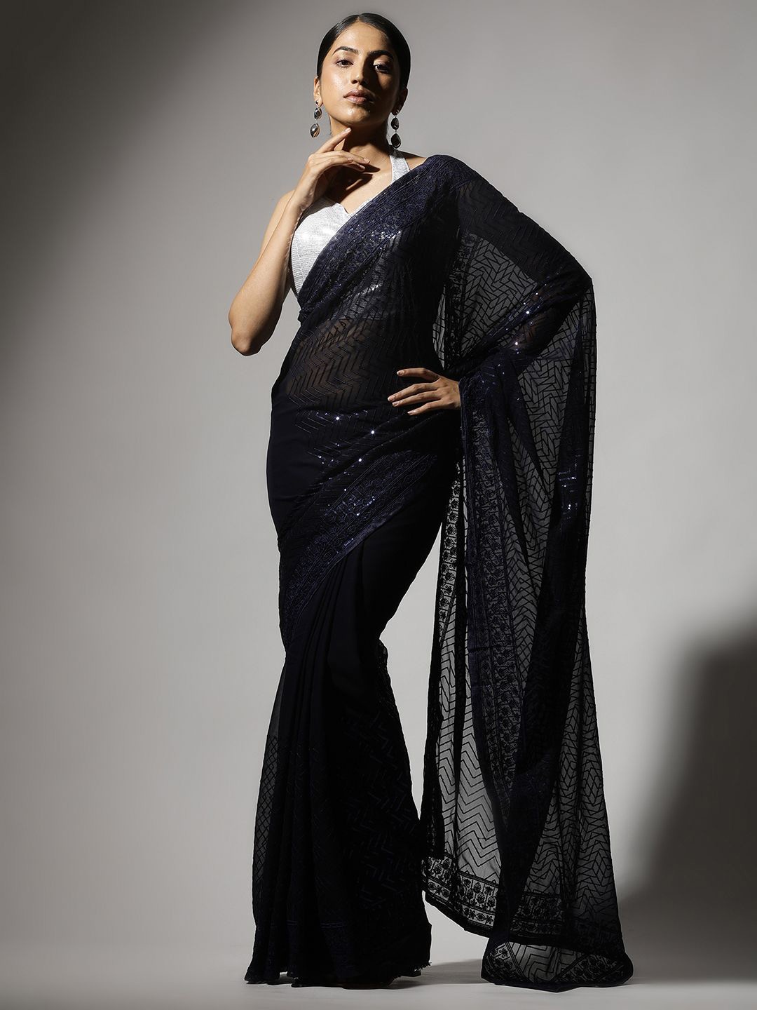 

Qahal Embellished Sequinned Pure Georgette Party Wear Saree, Navy blue