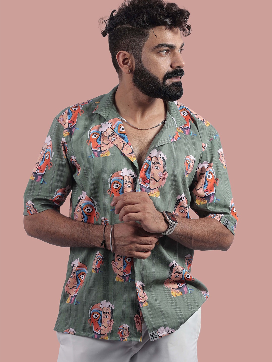 

STITCH MONKEY Men Comfort Cuban Collar Abstract Printed Oversized Casual Shirt, Green