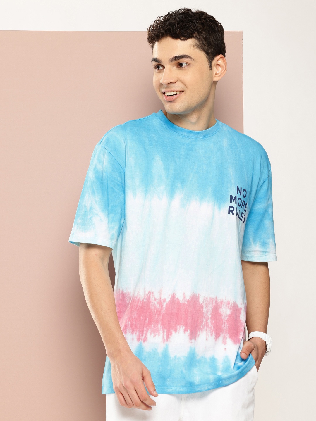 

Harvard Tie and Dye Drop-Shoulder Sleeves Pure Cotton T-shirt, Blue