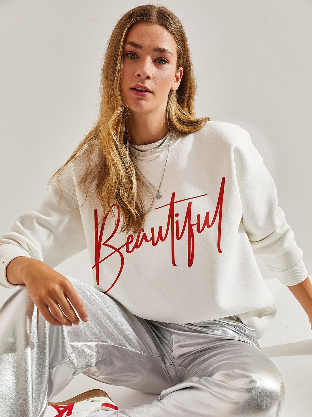 

BIANCO LUCCI Women Graphic Printed Pure Cotton Sweatshirt, Beige