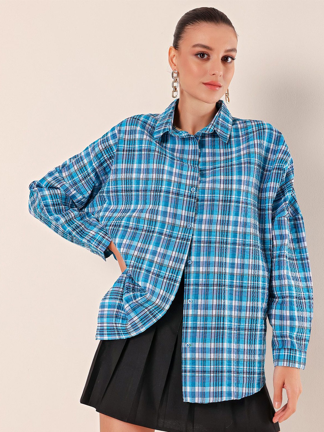 

BIGDART Women Spread Collar Tartan Checked Casual Shirt, Na