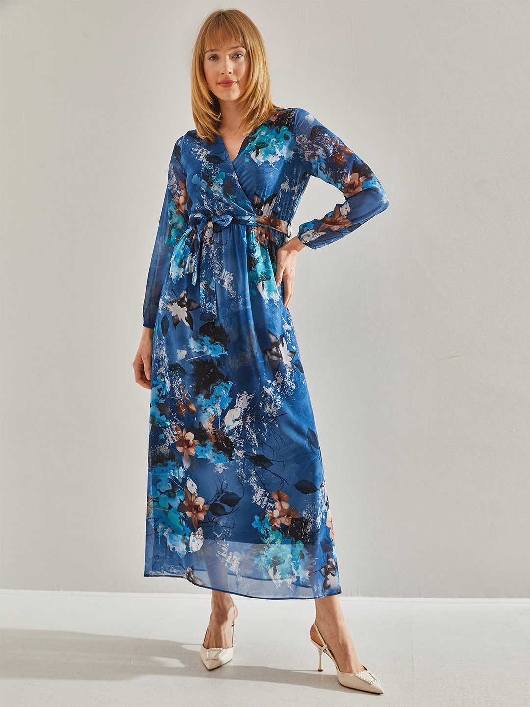 

BIANCO LUCCI Women Floral Printed Wrap Dress, Blue