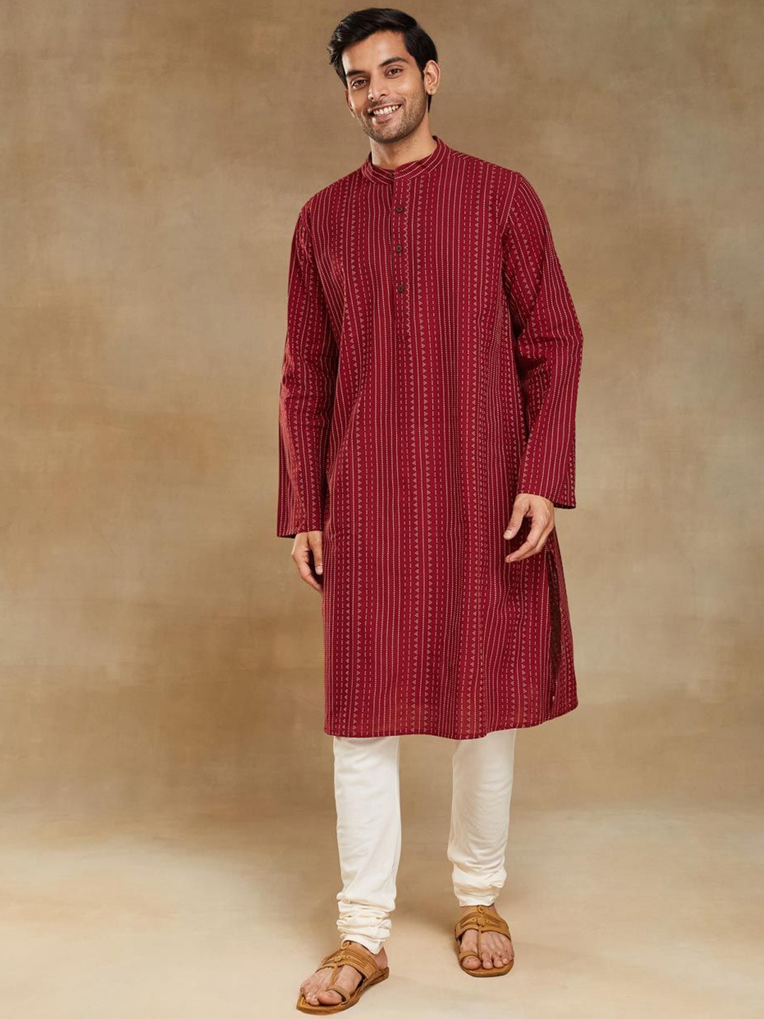 

Fabindia Geometric Printed Band Collar Pure Cotton Straight Kurta, Maroon