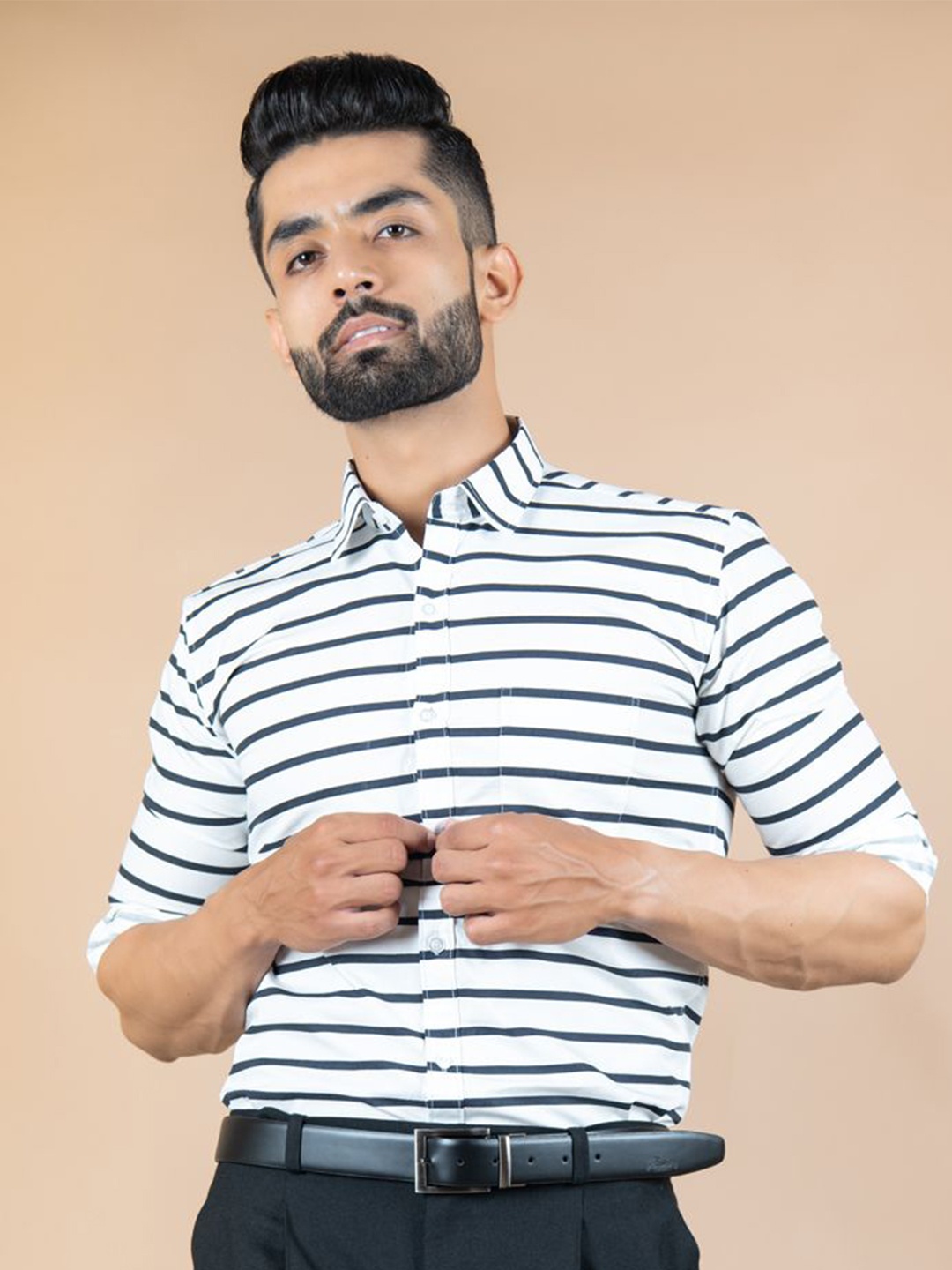 

Tistabene Men Standard Spread Collar Striped Cotton Casual Shirt, Black