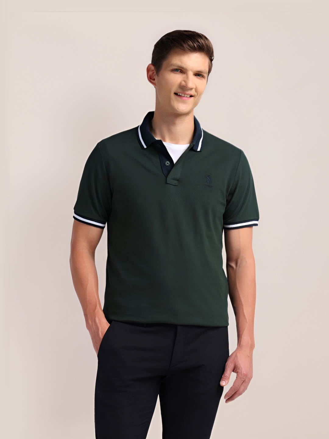 

U.S. Polo Assn. Men Solid Polo Collar Cotton Slim Fit T-Shirt, Green