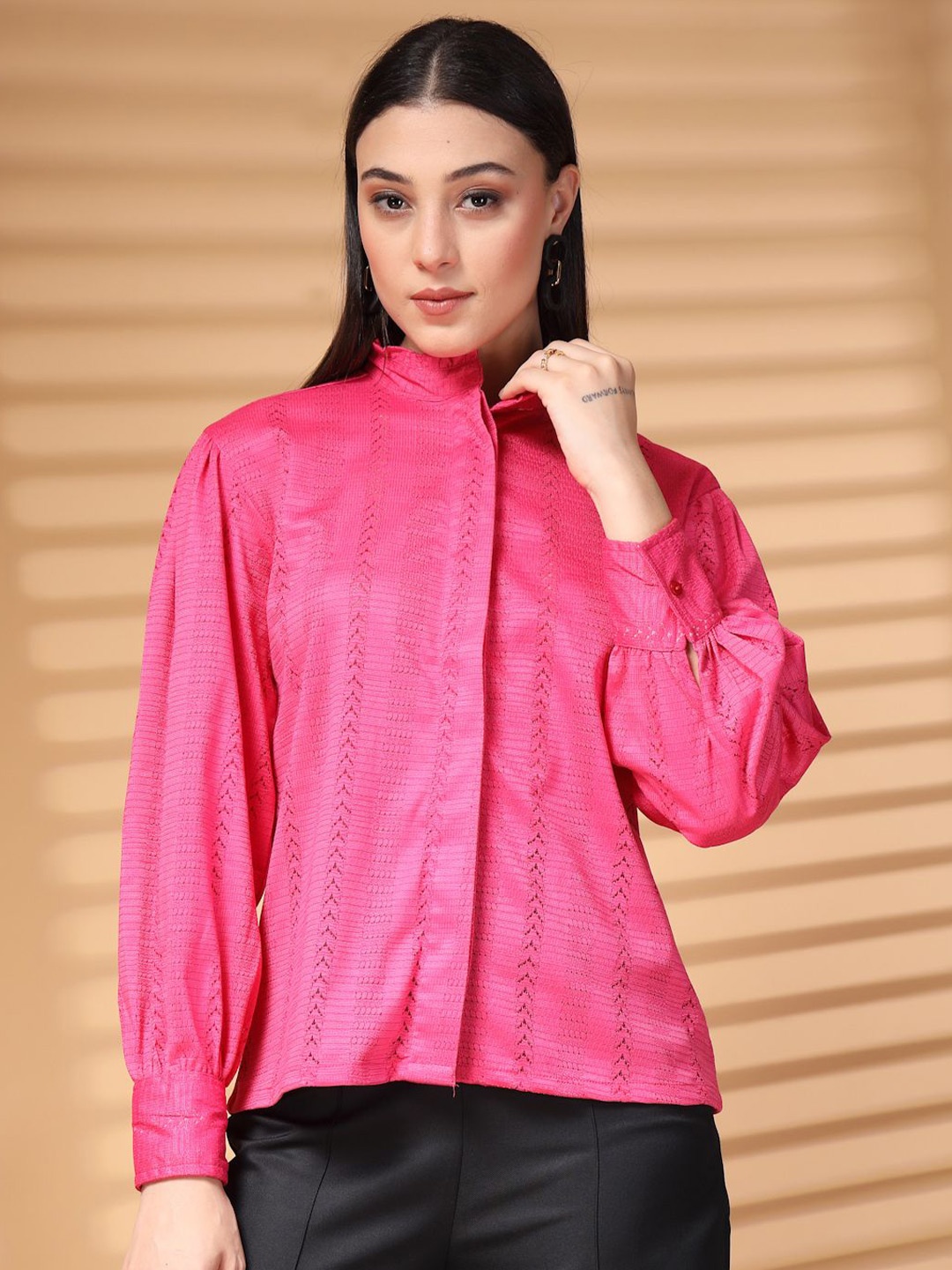

plusS Women Standard Band Collar Solid Casual Shirt, Pink