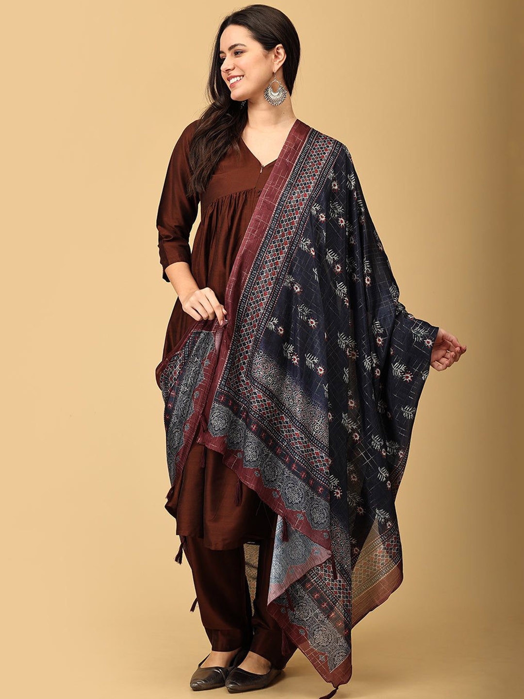 

The Mom Store Solid Three-Quarter Sleeves Regular Raw Silk Kurta with Trousers & Dupatta, Brown