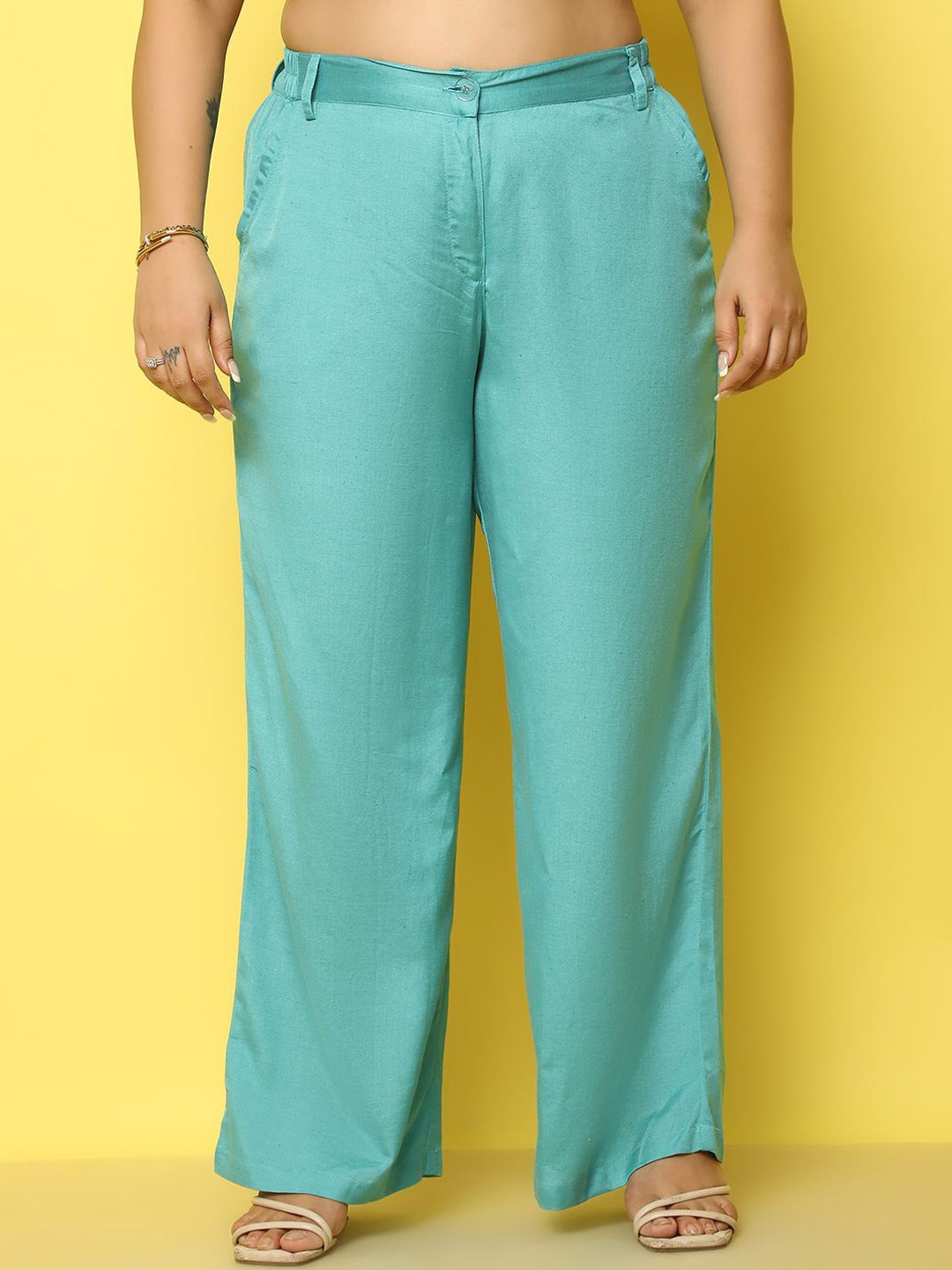 

theRebelinme Women Relaxed Straight Fit High-Rise Trousers, Teal
