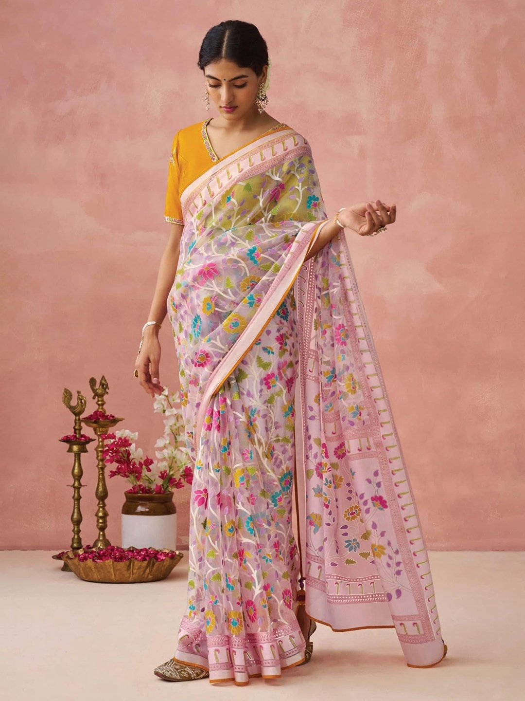 

KALINDI Floral Organza Tussar Saree, Rose
