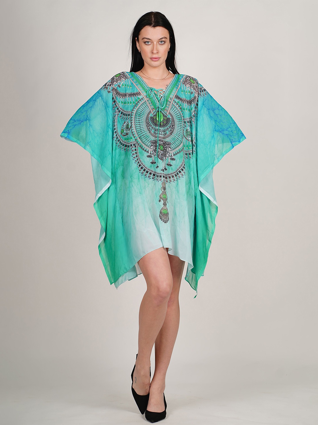 

ravi rajoria Printed Kimono Sleeve Crepe Kaftan Dress, Green