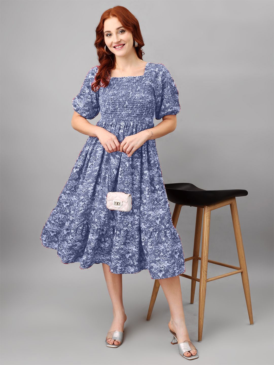 

Femvy Floral Print Puff Sleeve Applique Midi Dress, Blue