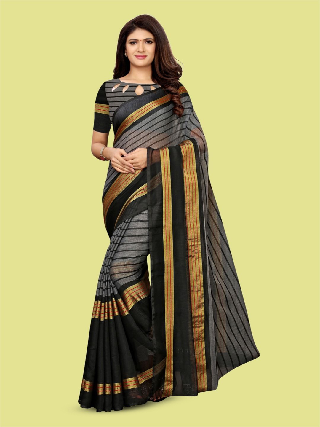 

Satrani Striped Saree With Zari, Black
