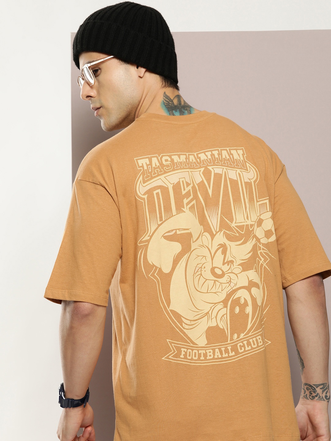 

Kook N Keech Pure Cotton Graphic Printed Drop-Shoulder Sleeves Oversized T-shirt, Brown