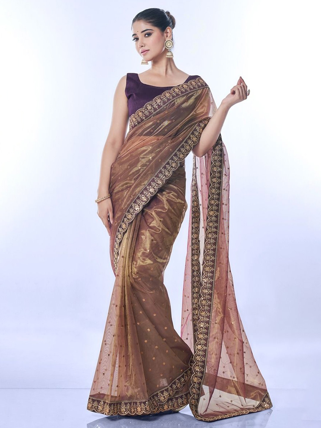 

Mitera Embellished Embroidered Net Saree, Coffee brown
