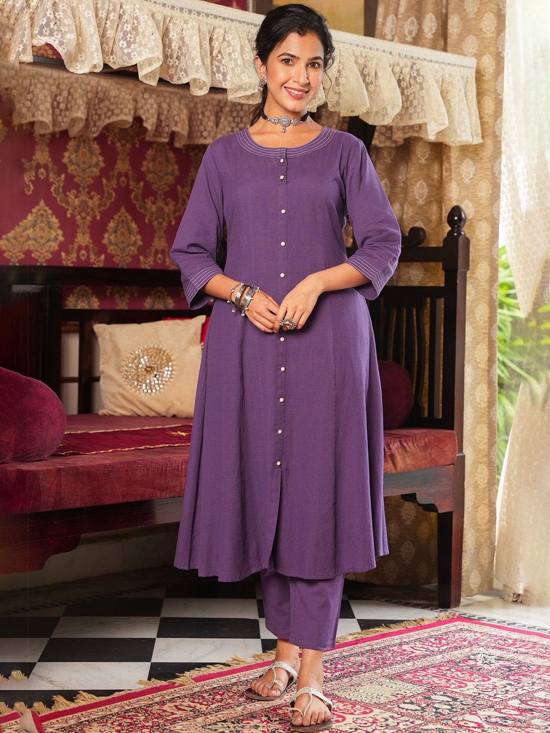 

Aramya Round Neck Thread Work Linen Cotton A-Line Kurta With Palazzos, Purple