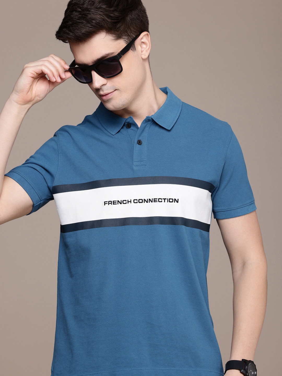 

French Connection Striped Polo Collar Pure Cotton T-shirt with Embroidered Detail, Blue