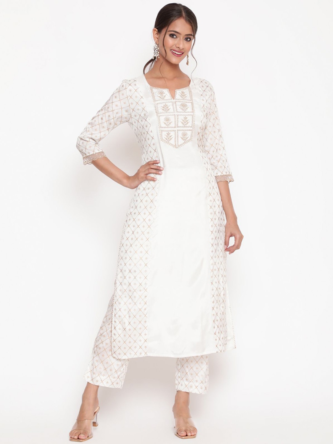 

SAVI Floral Embroidered Regular Thread Work Kurta With Trousers, White