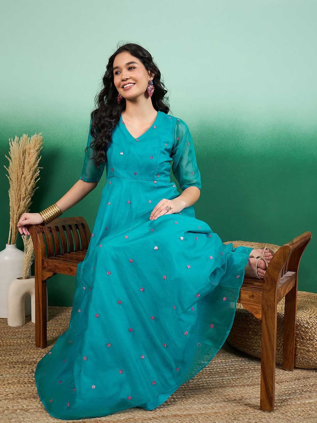 

Sangria Women Floral Thread and Sequinned Embroidered Maxi Dress, Turquoise blue