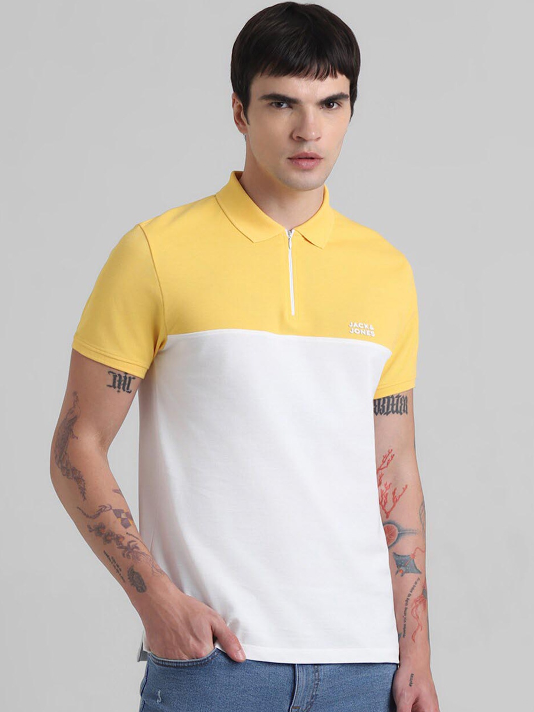 

Jack & Jones Colourblocked Polo Collar Slim Fit Pure Cotton T-shirt, Yellow