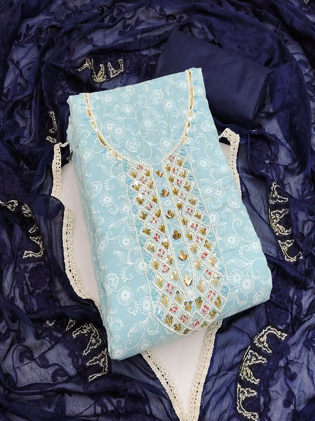 

Lilots Floral Printed Beads & Stones Unstitched Dress Material, Blue