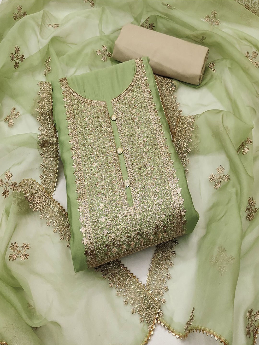 

Lilots Sequin Embellished Raw Silk Unstitched Dress Material, Green