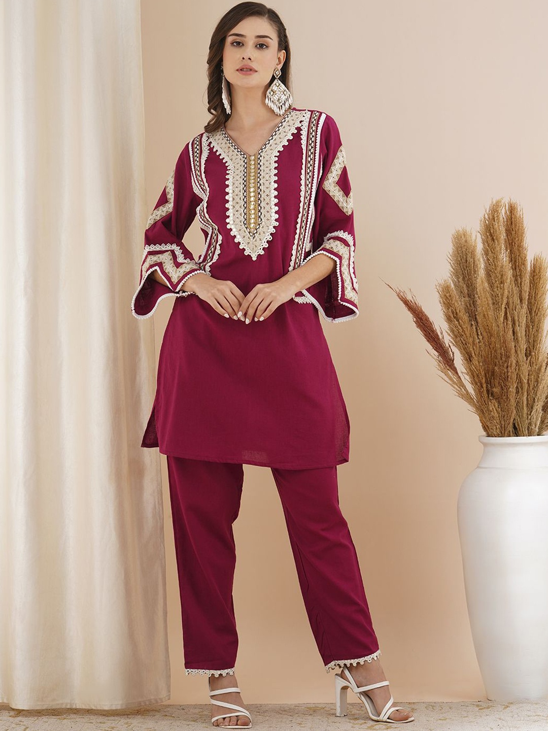 

FASHOR Embroidered Tunic With Trouser, Burgundy