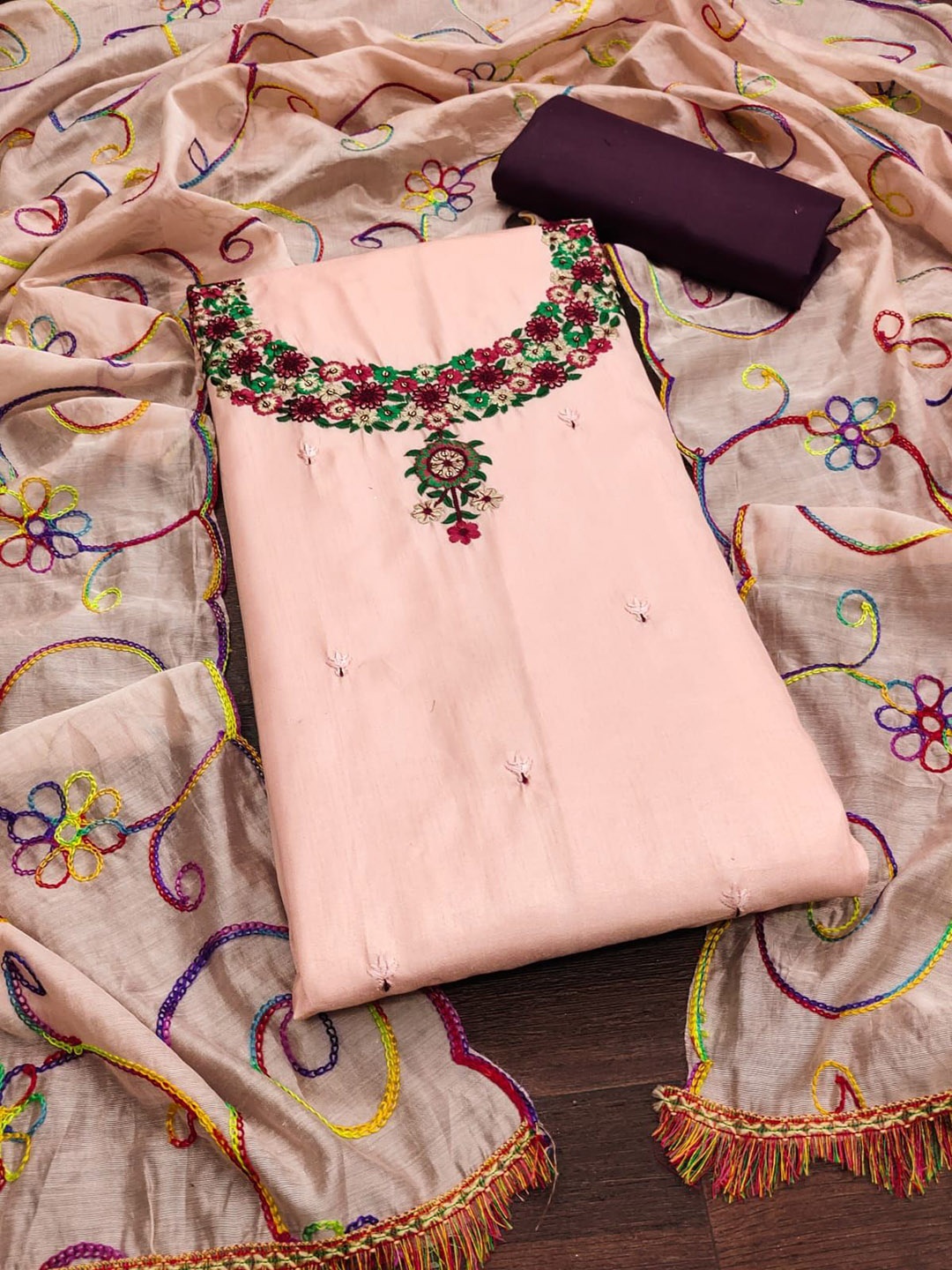 

APNISHA Floral Embroidered Pure Silk Unstitched Dress Material, Peach