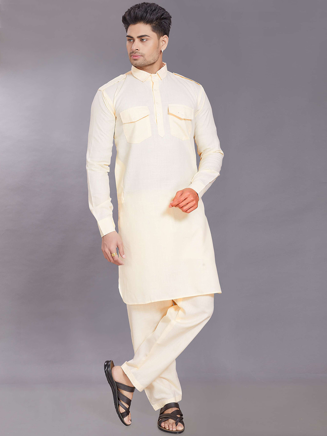 

DIVISIVE Shirt Collar Pathani Kurta With Trousers, Peach