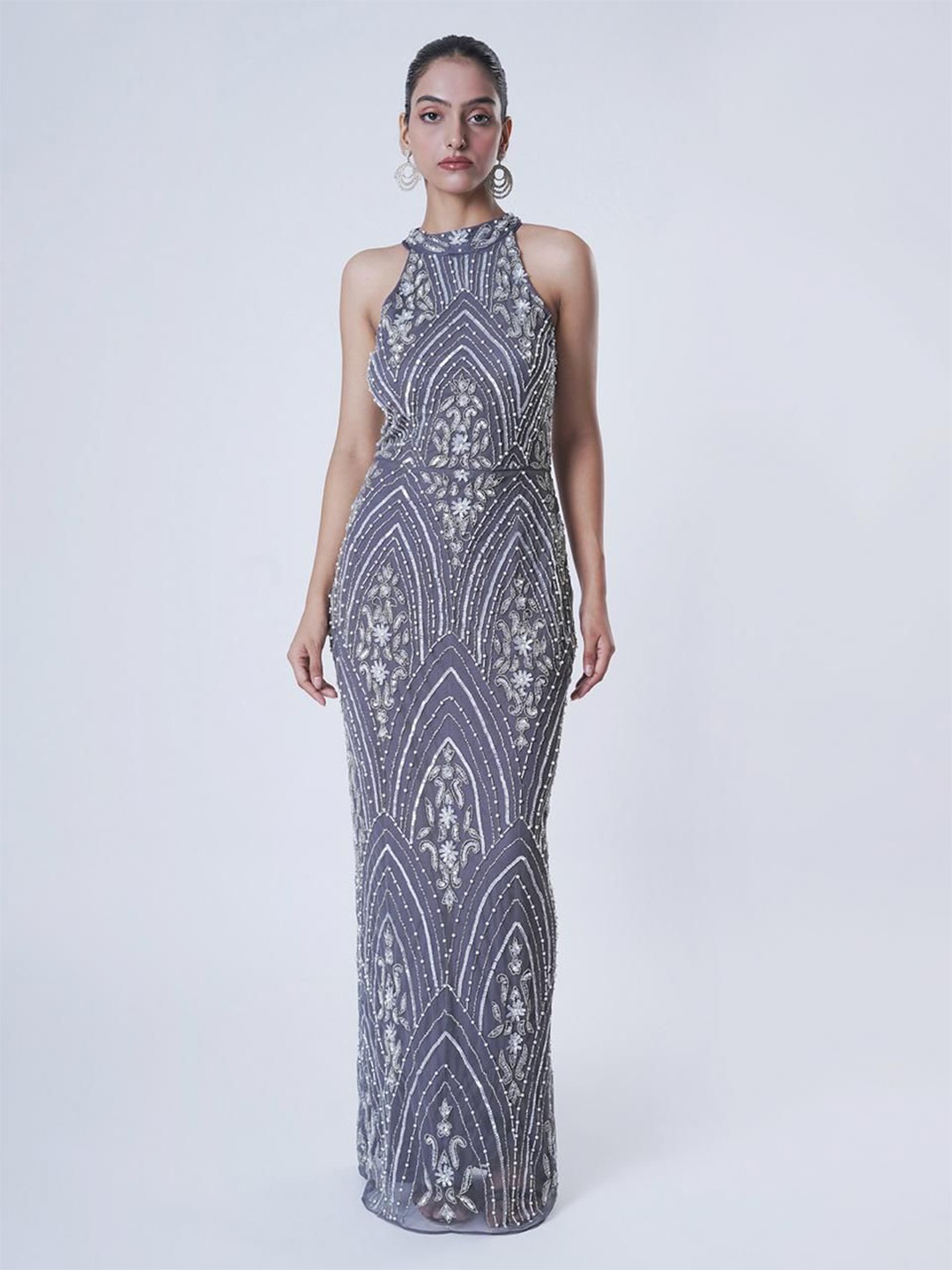 

UPGRADE Embellished Halter Neck Net Maxi Dress, Grey