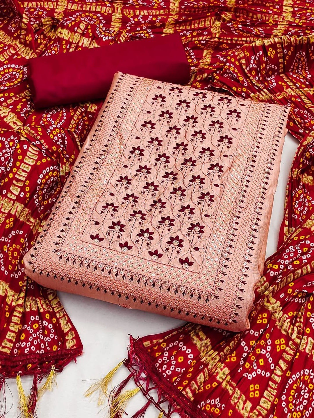 

JULEE Thread Work Unstitched Dress Material, Orange