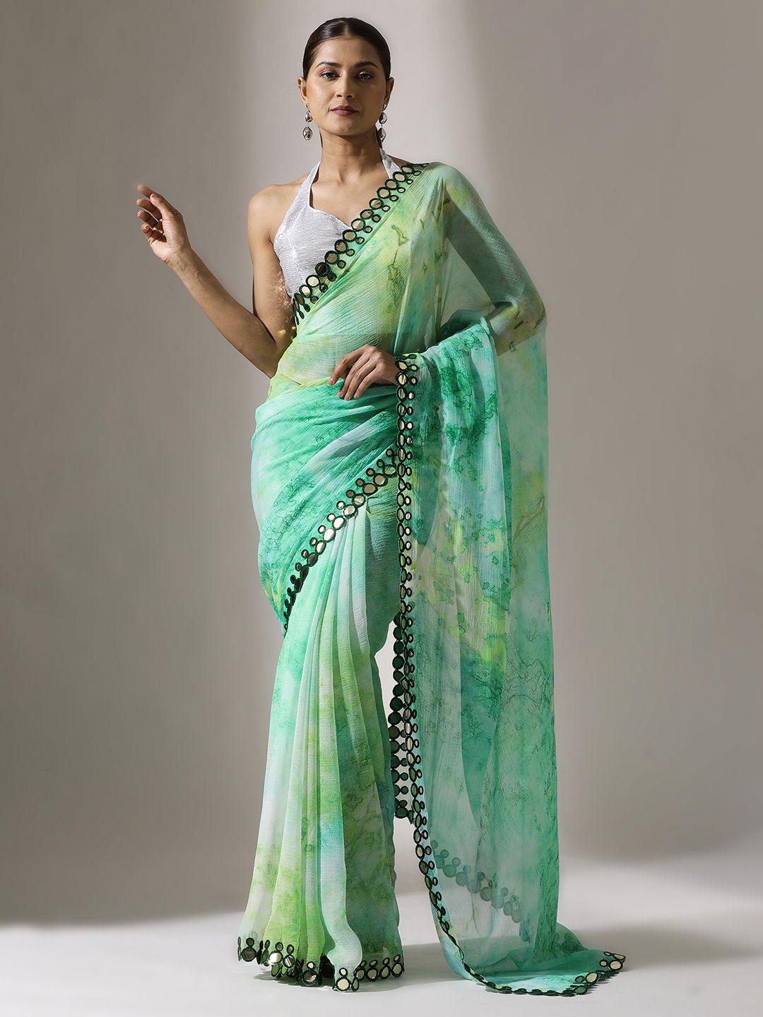 

Qahal Tie and Dye Mirror Work Pure Georgette Designer Saree, Green