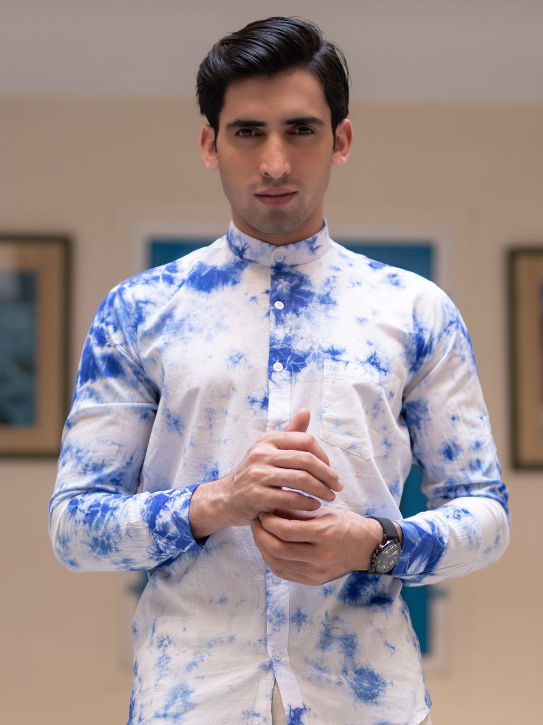 

Tistabene Men Standard Band Collar Dyed Cotton Casual Shirt, Blue