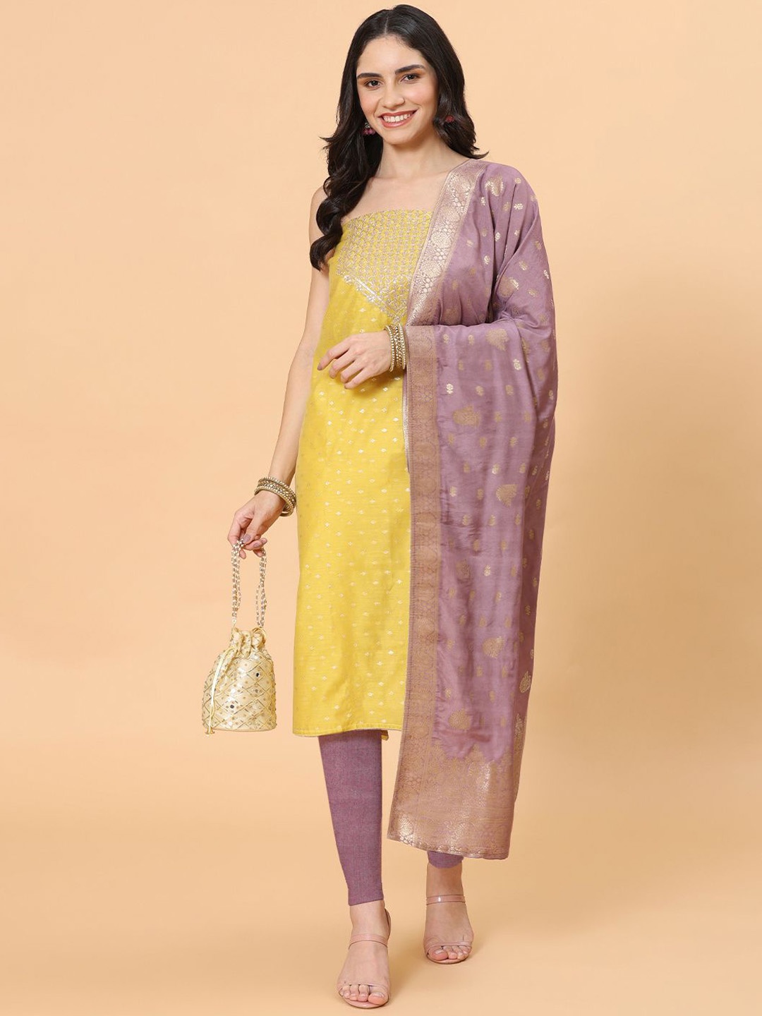 

Meena Bazaar Floral Woven Design Unstitched Dress Material, Yellow