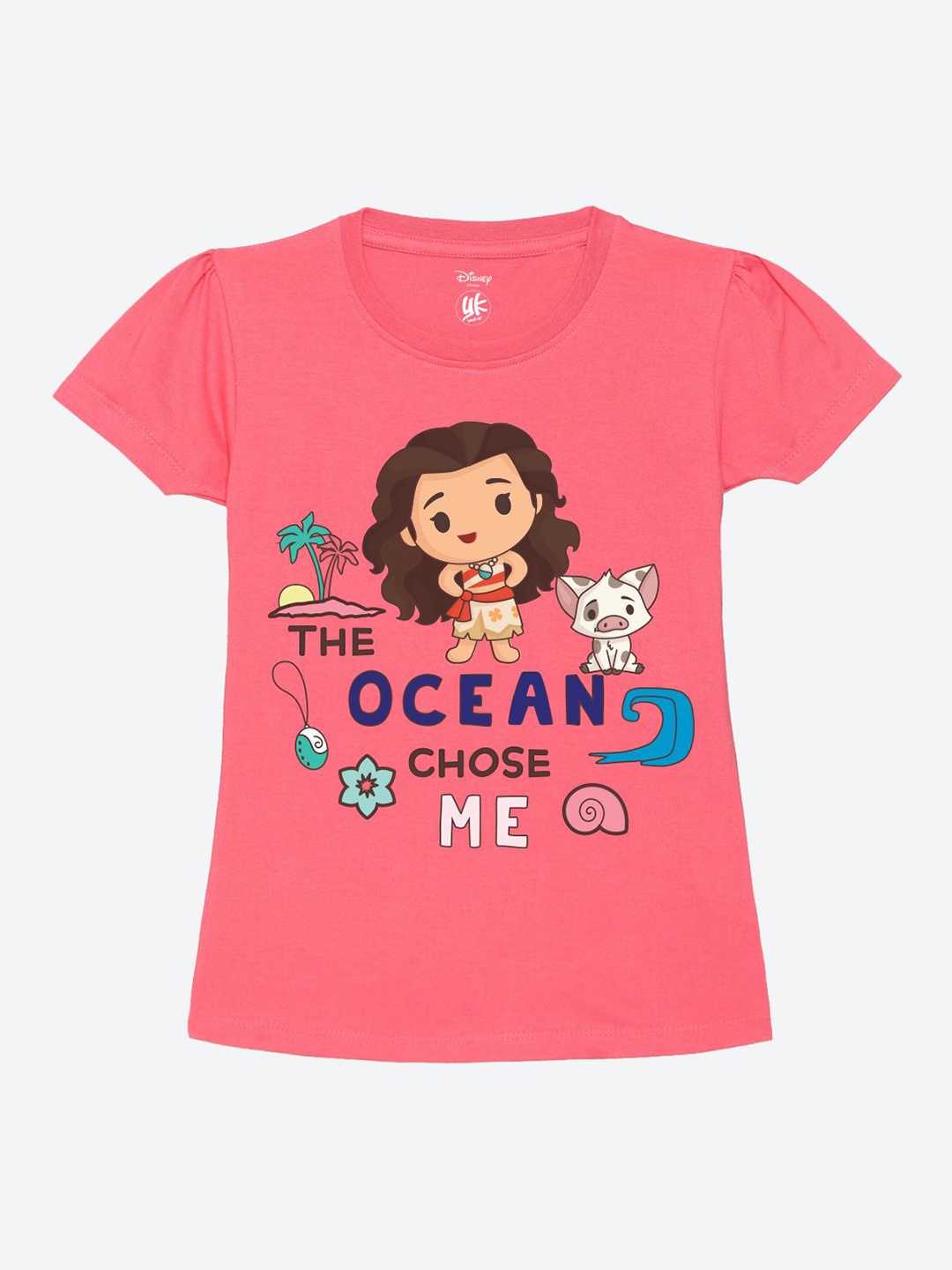 

YK Disney Girls Graphic Printed Round Neck Pure Cotton T-Shirt, Pink