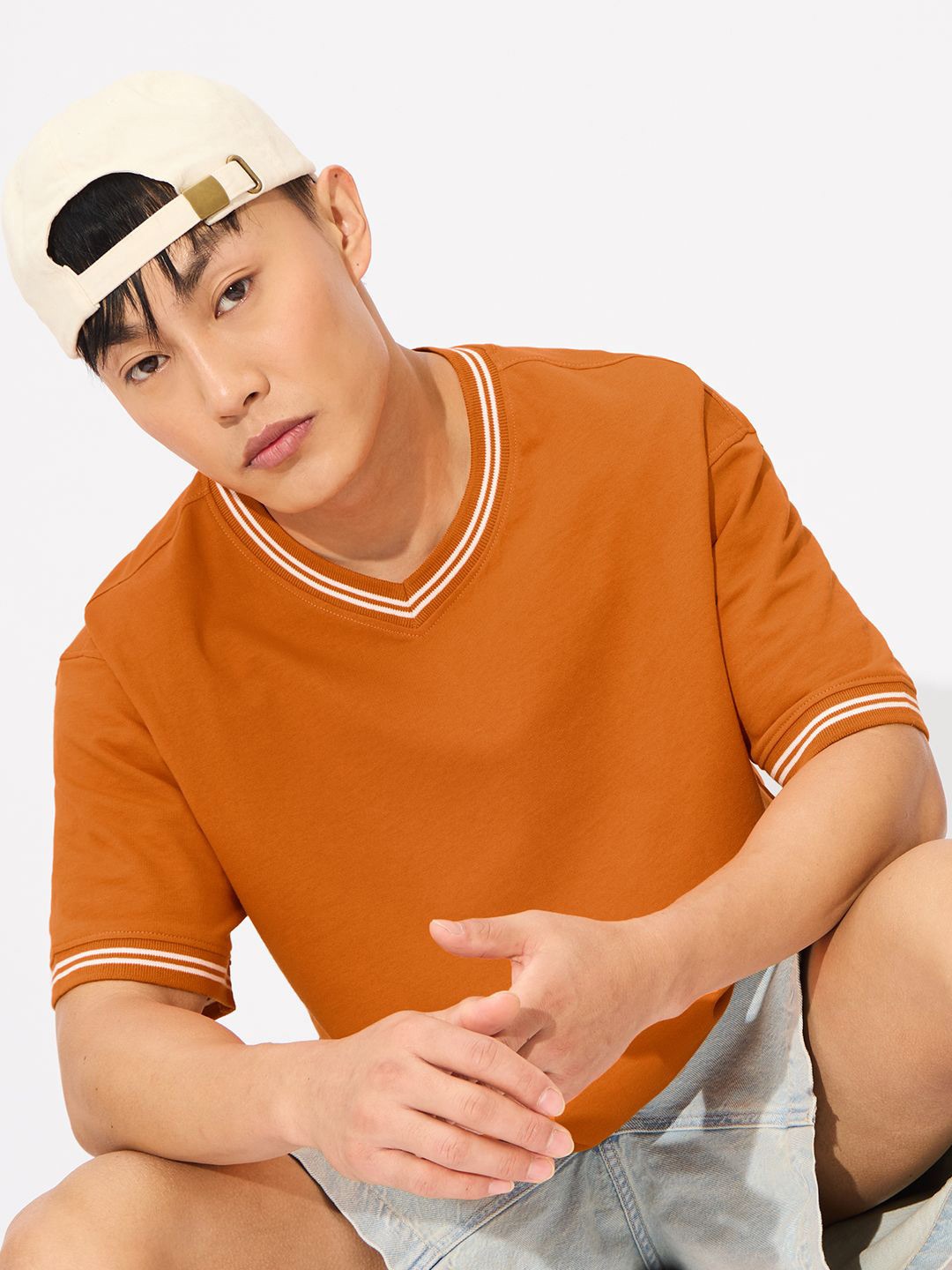 

The Souled Store Men Solid V-Neck Cotton Oversized T-shirt, Orange