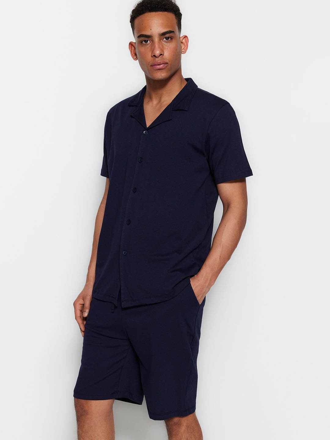 

Trendyol Solid Men Night suit, Navy blue