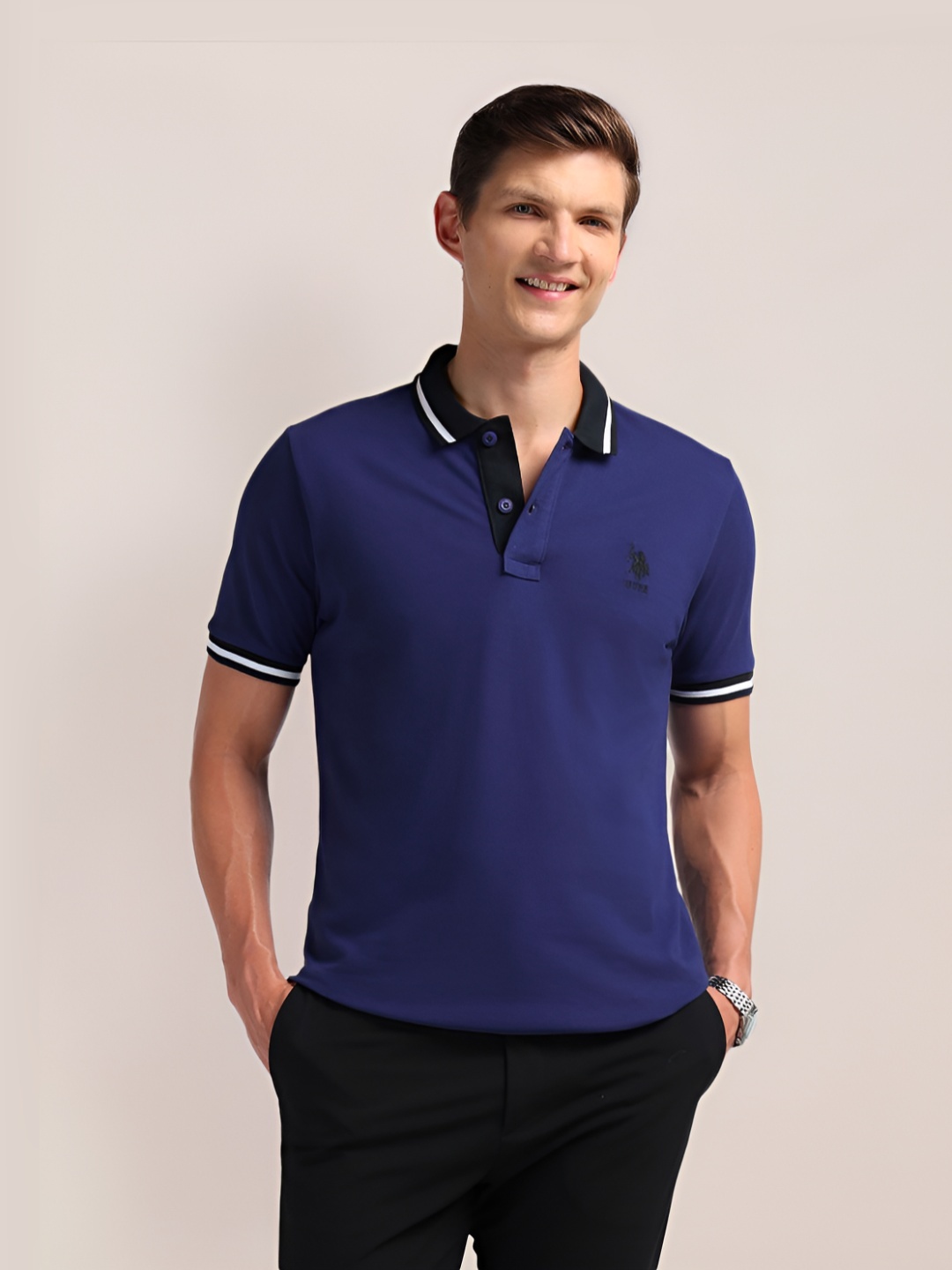

U.S. Polo Assn. Men Solid Polo Collar Cotton Slim Fit T-Shirt, Blue