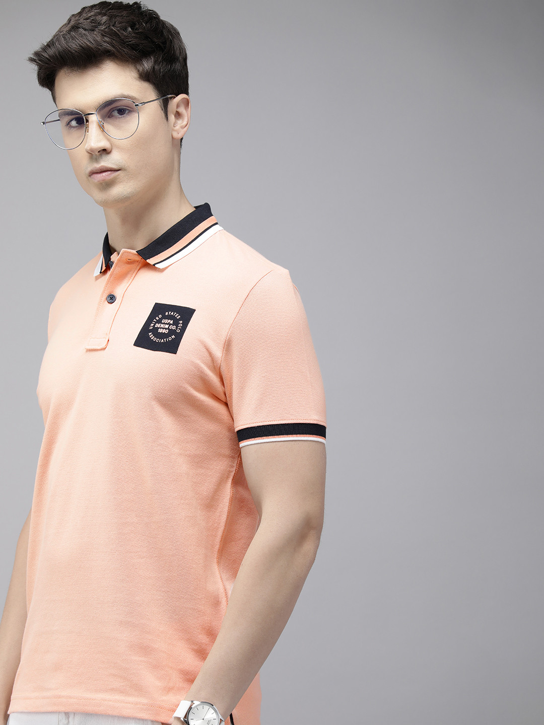 

U.S. Polo Assn. Denim Co. Brand Logo Applique Polo Collar Pure Cotton Slim Fit T-shirt, Peach