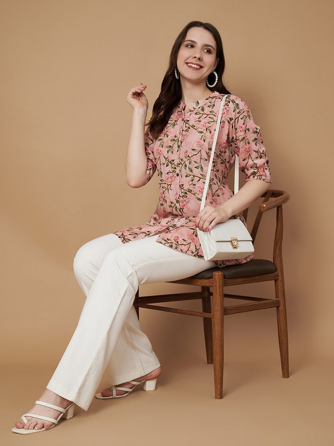 

Cotton Crunch Floral Print Mandarin Collar Top, Pink