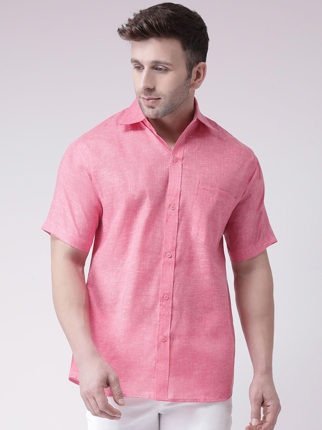 

KLOSET BY RIAG Men Classic Spread Collar Solid Cotton Linen Casual Shirt, Pink