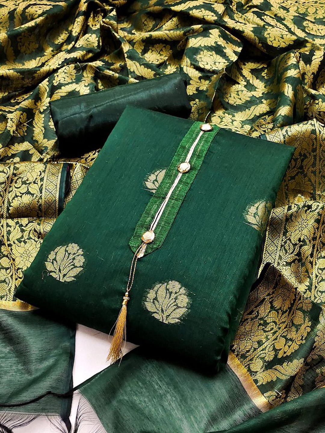 

APNISHA Ethnic Motifs Pure Silk Unstitched Dress Material, Green